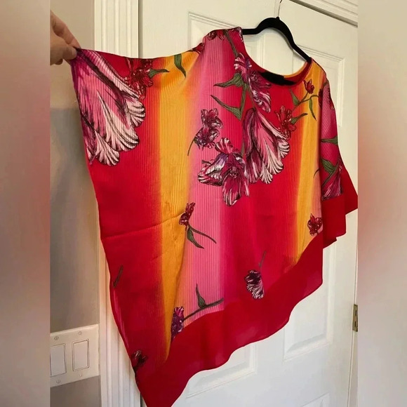 Asymmetric Poncho Blouse| Red Multi Color| Medium - Picture 8 of 9
